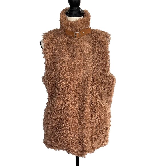 INC Small Faux Fur Vest Full-Zip Sleeveless Lined Pockets Collared Clay Tan New - Picture 6 of 12